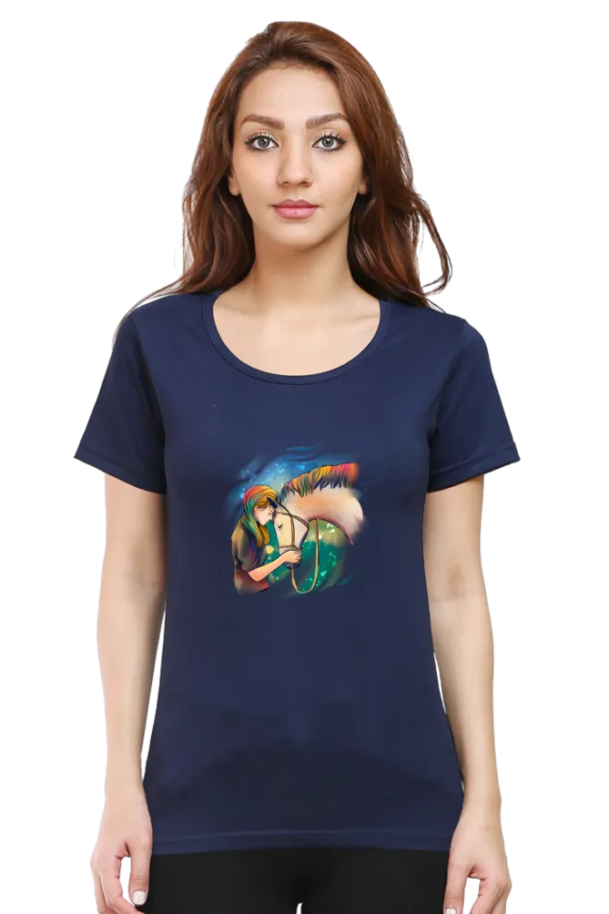 Colorful Horse Printed Scoop Neck T-shirt for women