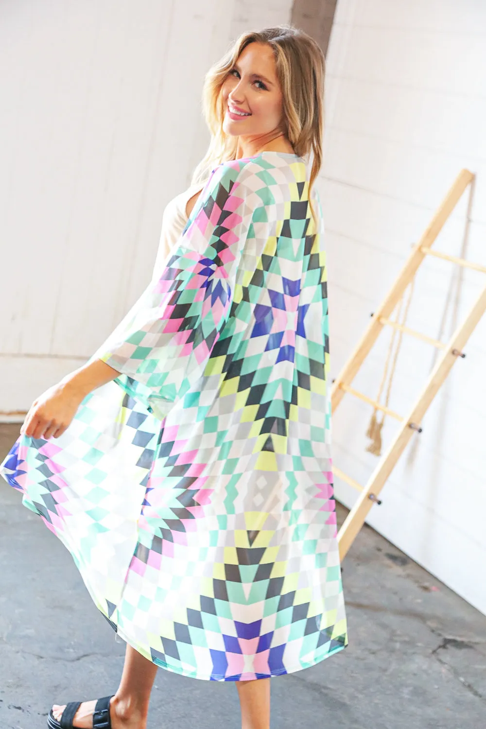 Multicolor Diamond Print Hi-Lo Mesh Kimono