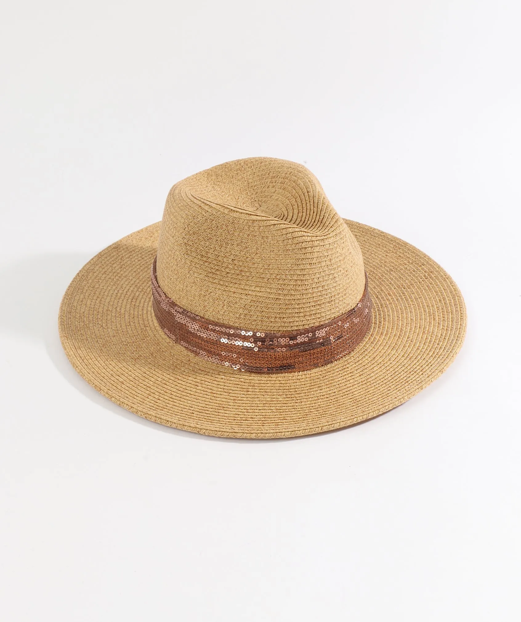 Natural Straw Fedora Hat with Matching Sequin Trim