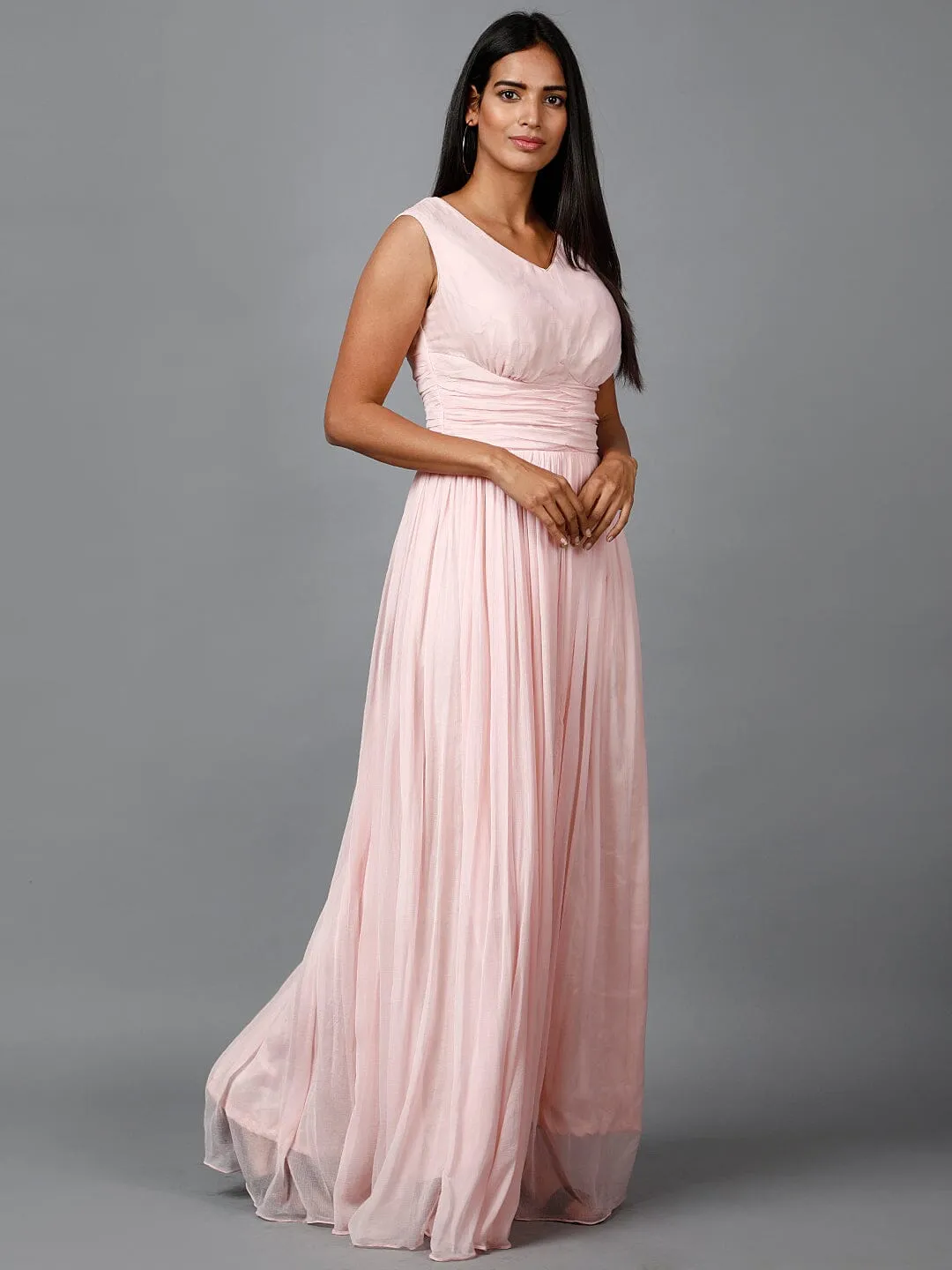 Women's Sleeveless V- Neck Draped Light Pink Chiffon Evening Maxi Gown